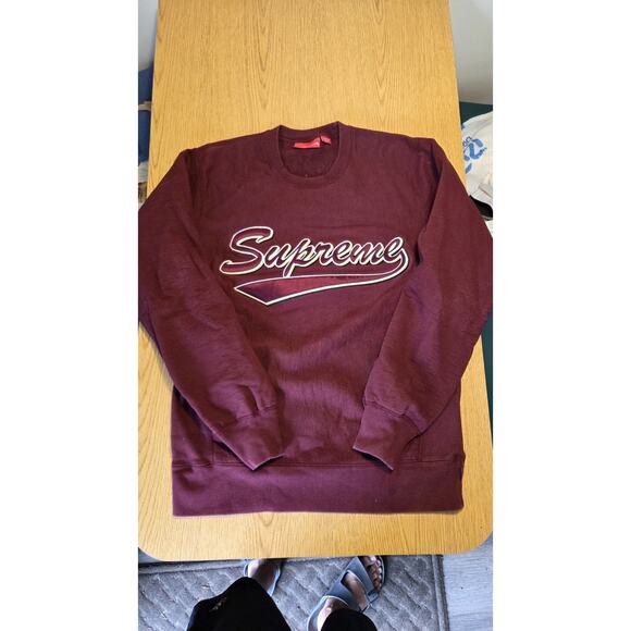 Supreme Brush Script Embroidered Crewneck Burgundy Red Sweatshirt Pullover Sz M - Picture 1 of 7